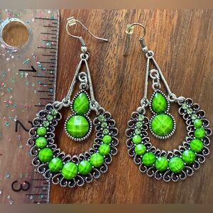 Bright Green Silver Tone Dangle Earrings Long
